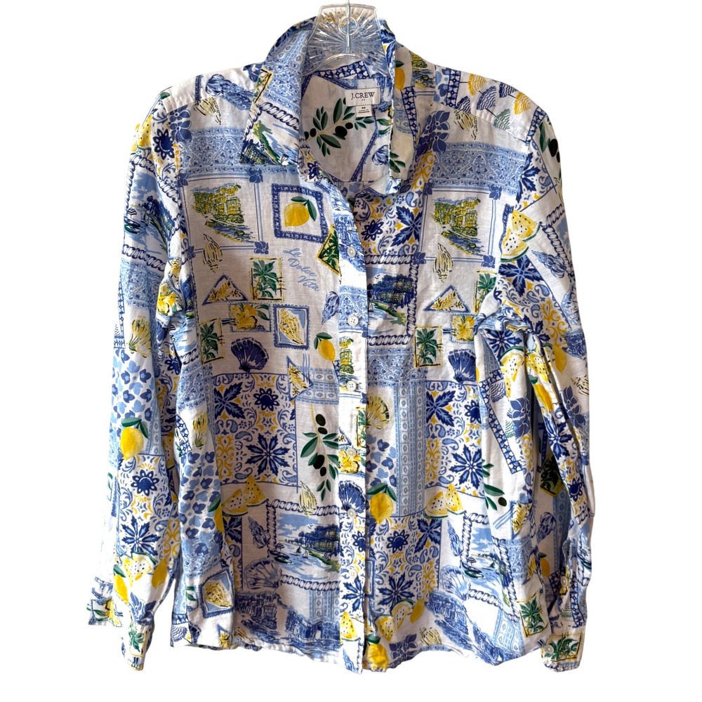 J. Crew Factory Blue and Yellow Italy Print Linen Blend Button Up Shirt Size M
